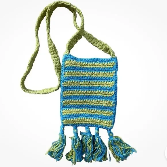 URBAN Outfitters Flower/Stripe Blue Yellow Mini Crochet Crossbody Cell Phone Bag - Picture 5 of 12